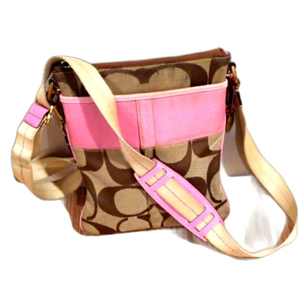 Coach Canvas Crossbody Bag – Brown, Tan & Pink Stylish Women’s Bag 7.5x8.5